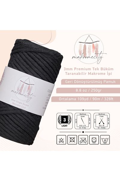 Makromecity Scalloped Macrame Thread 3mm Scalloped Cotton Macrame Thread Macrame Thread Black