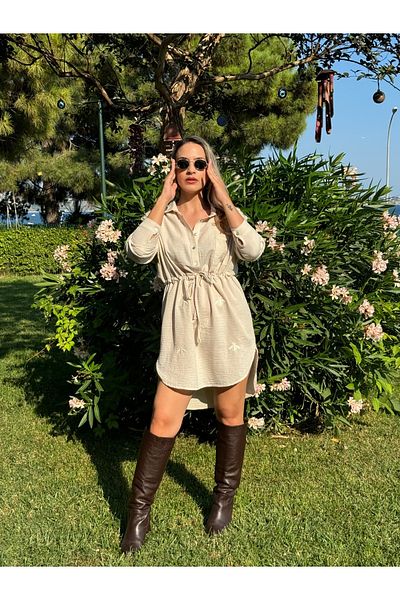 ayriss Rope Tied Embroidered Shirt Dress Tunic - Pocket Detailed