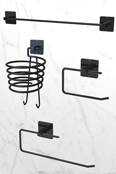 ModernAVM Yapışkanlı 4'lü Siyah  Fön Makinesi Tutucu Wc Tuvalet Kağıtlık Kağı...