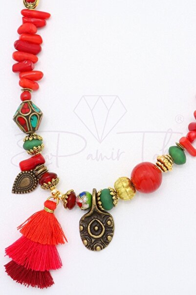 Esra Pamir Doğal Mercan Taş Nepal Uç El Yapımı Kırmızı Otantik Kolye