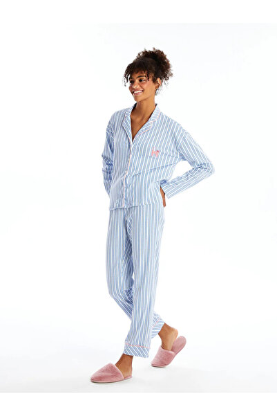 LC Waikiki Lcw Dream Ecru Women's Pajama Set - Shirt Collar, Striped, Long Sleeve