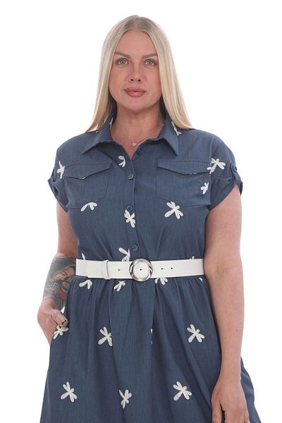 etselements X Modapo Femei - Rochie Midi Plus Size din Denim cu Broderie Fluture de Pasăre și Nasturi