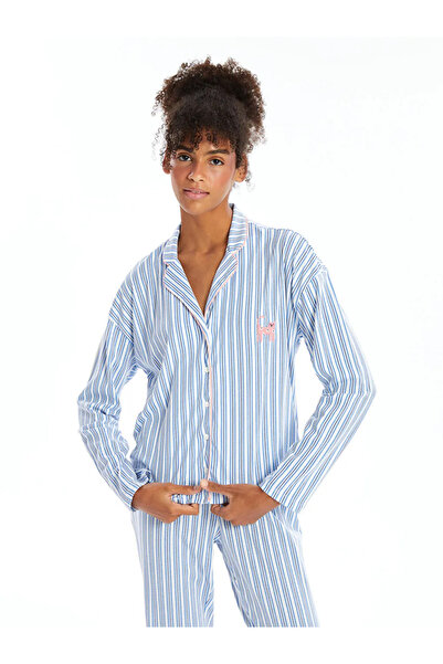 LC Waikiki Lcw Dream Ecru Women's Pajama Set - Shirt Collar, Striped, Long Sleeve