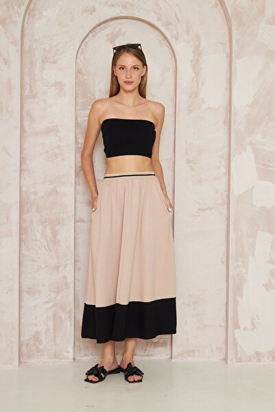 Yıldızistan Beige and Black Pocketed Loose Long Flared Skirt - 700- 3535220