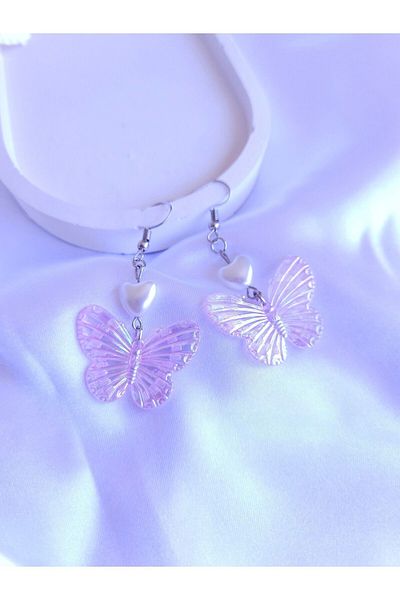 LE&DA Accessory Fairycore Aesthetic - Heart Pearl Detailed Purple Butterfly Earrings