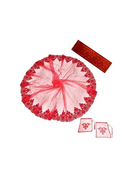 Genel Markalar Kırmızı Kadife Simli Eldiven Ve 4 Parça Kemerli Duvak Gelin Yü...