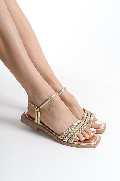 ARTI ARTI AYAKKABI MİA026-1550 Kadın El Örgülü Altın Abiye Günlük-Düğün-Eğlence-Tatil Terliği