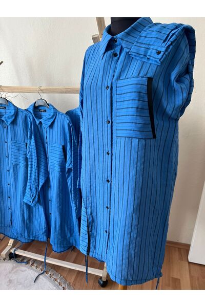 GÜZEL ÇARŞI Çizgili Spor Model Mavi Pamuklu Uzun Tunik