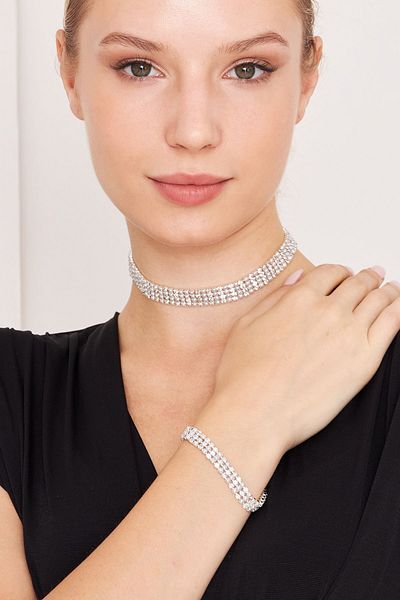 Furtek Aksesuar Women's Blancos Model Pearl and Zircon Stone Silver Waterway Necklace Necklace Bracelet Combination Jewelry Set