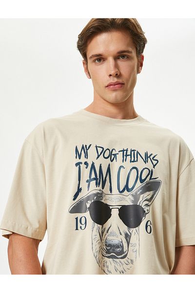 Koton Tricou supradimensionat din bumbac - Gâtul turn, mânecă scurtă, imprimeu cu slogan și detaliu mânecă