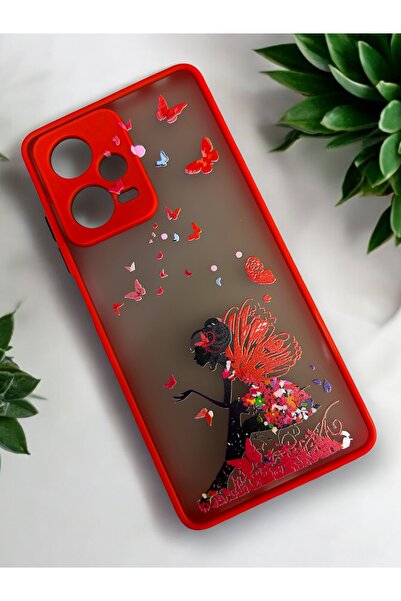 Merwish Redmi Note 12 Pro 5g Compatible Butterfly Woman Patterned Camera Protected Hux Tpu Silicone Red