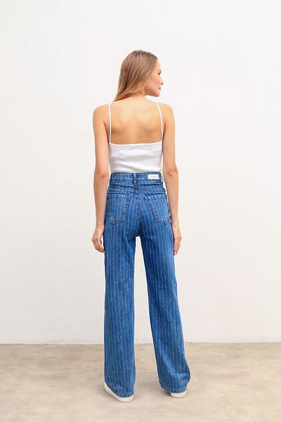 Perryes High Waist Blue Striped Denim Palazzo Jeans