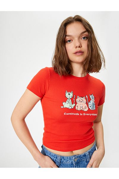 Koton Cotton Crop T-Shirt - Cat Print, Crew Neck, Short Sleeve
