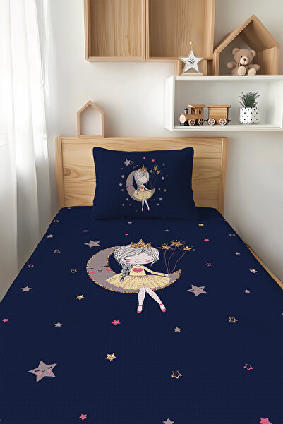 Talia Home طقم بيكيه فردي منقوش باللون الأزرق الداكن للفتيات - TLAP-086