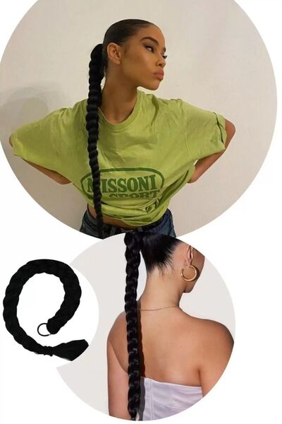 Stone Family Siyah Renk Takma Lastik Tokalı Örgü At Kuyruğu Saç (45 CM)