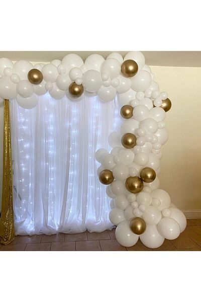 BEST PARTİ Chrome Gold Pastel White Balloon Chain 100 Pieces + 5 Meters Balloon Chain