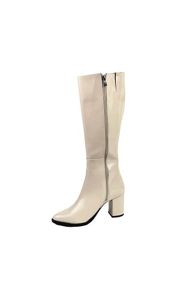bescobel Beige Patent Leather Below the Knee Zippered Women's Boots - 8 Cm
