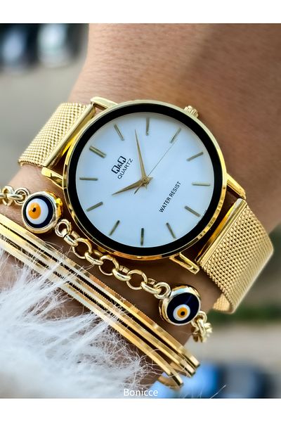 Q&Q Yellow Color Waterproof Mesh Women's Wristwatches - Steel Cord Bracelet