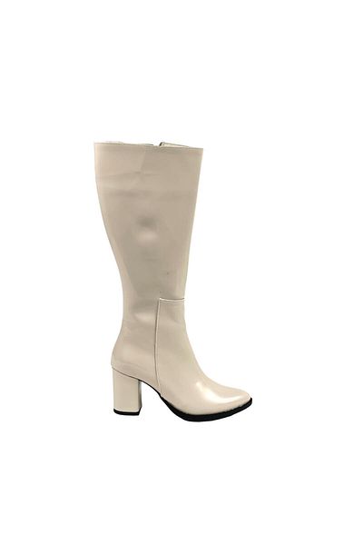 bescobel Beige Patent Leather Below the Knee Zippered Women's Boots - 8 Cm