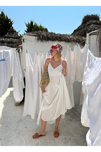 FİOXCO Bohemian White Casual Φόρεμα - Ρυθμιζόμενοι ιμάντες από σχοινί, ύφασμα Aerobin, πλήρες μήκος