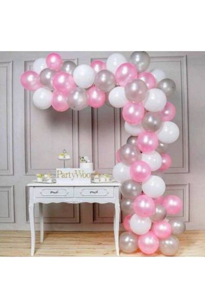 New Eco 50 Pieces Mixed Light Pink, White, Silver Metallic Shiny Balloon 2.5 Meters Balloon Chain Gift