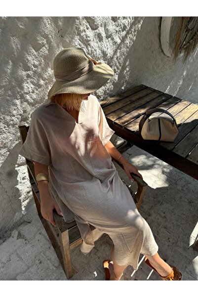 FİOXCO Μπεζ γιακά πόλο και άνοιγμα χαλαρά λινό φορέματα μποέμ για γυναίκες