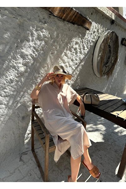 FİOXCO Μπεζ γιακά πόλο και άνοιγμα χαλαρά λινό φορέματα μποέμ για γυναίκες