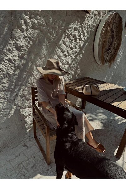 FİOXCO Μπεζ γιακά πόλο και άνοιγμα χαλαρά λινό φορέματα μποέμ για γυναίκες