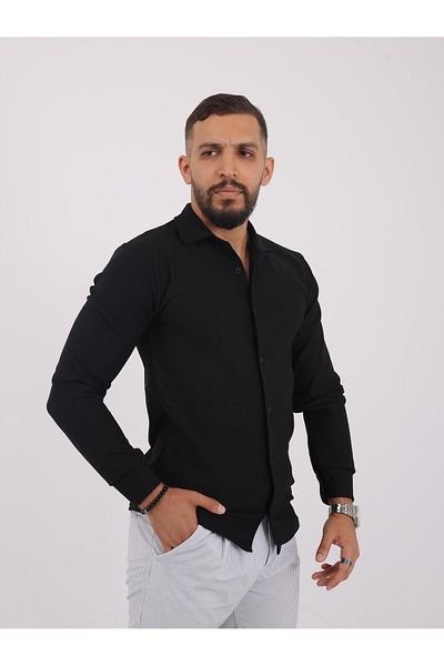 LUPERCUS Черна мъжка риза Slim Fit - жакард, памук, полиестер, дълъг ръкав