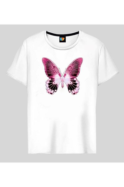 Pink Sky Λευκό T-Shirt - Ροζ μοτίβο πεταλούδας