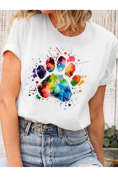 Pink Sky Colorful Dog Paw Printed Trend Women's T-Shirt