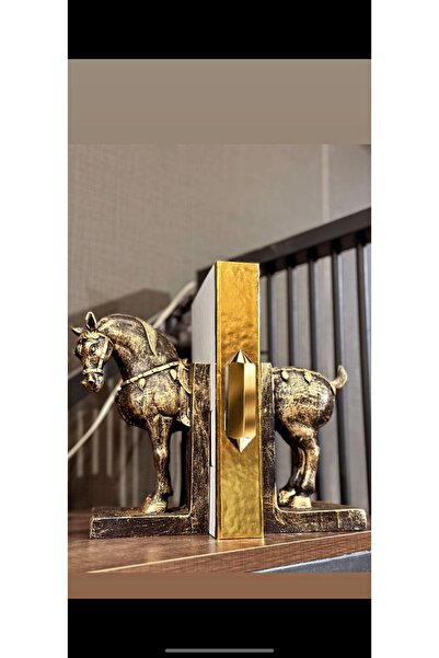 Jurjum Kitap Tutucu At Figürlü 2’li Gold Renk Ev Dekorasyon Kitap Destekleyic...
