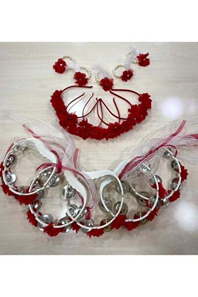 Düğmeci Ahmet Kırmızı Kına Seti Kına Tacı Süslü Tef Süslü Nedime Bilekliği(5'...