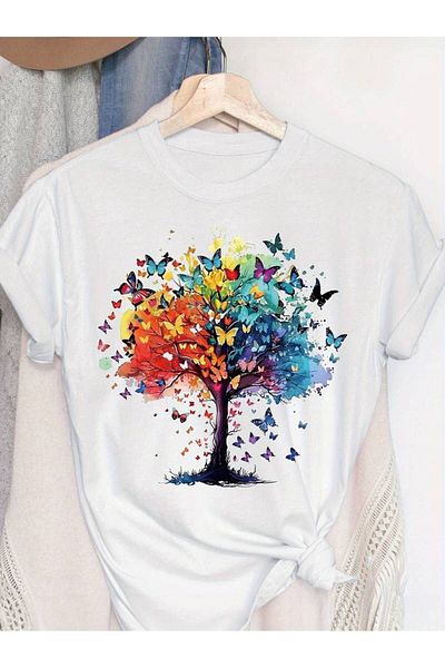 Pink Sky Tricou cu imprimeu Butterfly Tree Marime Plus
