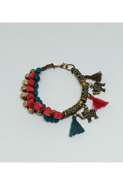 mama india alaçatı Ethnic Design Authentic Bohemian Bracelet with Elephant Symbol and Tassels Length 19 cm No:2