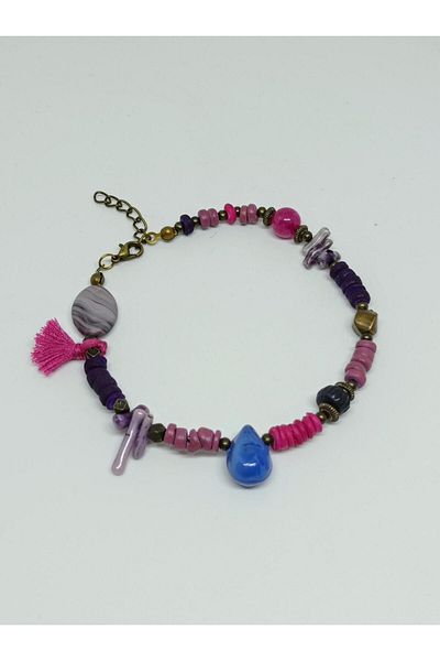 mama india alaçatı Natural Stone Tasseled Ethnic Design Authentic Bohemian Anklet Length 23 cm No:23