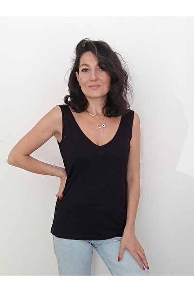 SİSTERS2HC Derin Ön Arka V Yaka Askılı Viskon Merserize Kumaş Siyah T-shirt
