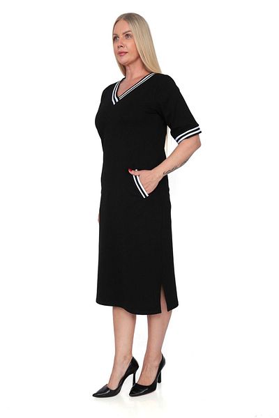 etselements X MODAPO Large Size V-neck Stripe Black Sweat Dress