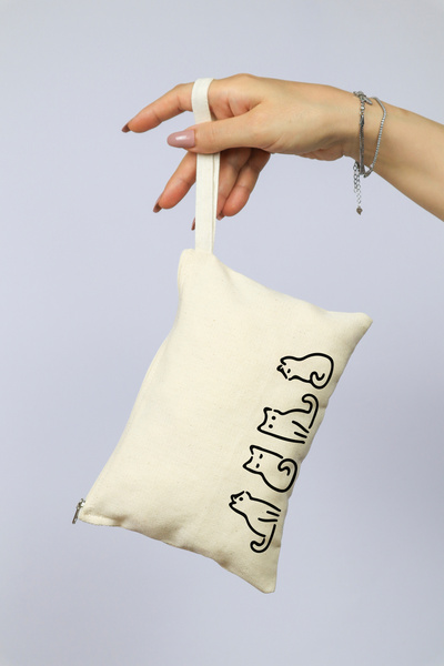 kesesepeti Kedi Baskılı Kanvas Clutch | Samplı & Fermuarlı | %100 pamuk | Monedero