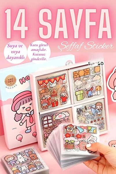 ÖZ KIRTASİYE Şeffaf Kawaii Sevimli Suya Dayanıklı Sticker Etiket Seti 14 Sayfa