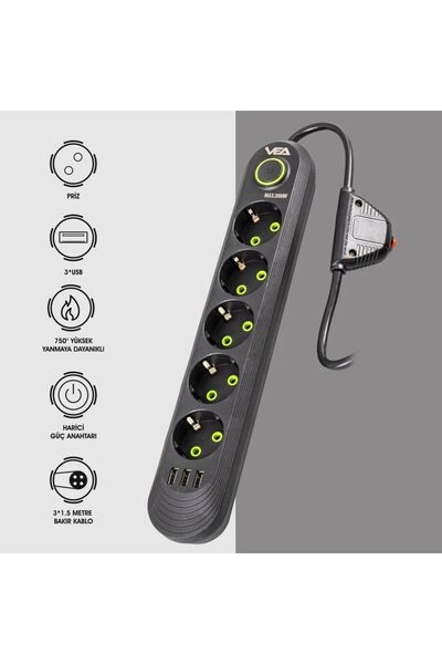 harry VEA 5'Lİ 1.5 METRE KABLOLU 3 USB'Lİ SİYAH AKIM KORUMALI PRİZ BAKIR KABLO HARİCİ GÜÇ ANAHTARI
