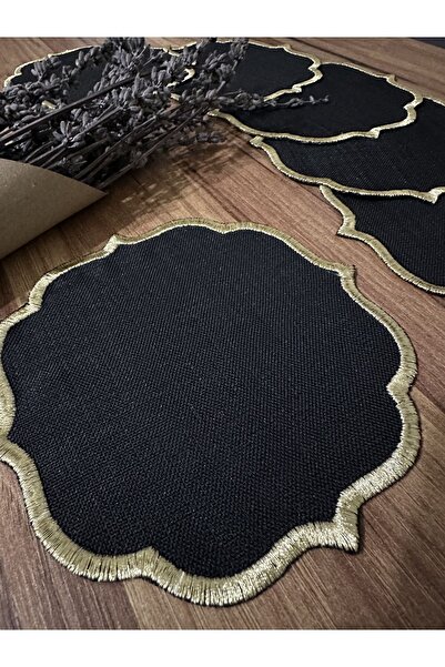 Nurhanhome 6 Adet Siyah Renk Keten Kumaş Kenarları Gold Nakışlı Kahve Yanı Kokteyl Sunum Peçete
