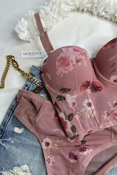 Morensa Pink Floral Patterned Corset Bralet and Bra Set