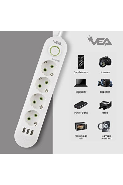 harry VEA 4'LÜ 1.5 METRE KABLOLU 3 USB'Lİ BEYAZ AKIM KORUMALI PRİZ BAKIR KABL...