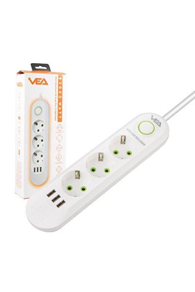 harry 3'LÜ 1.5 METRE KABLOLU 3 USB'Lİ BEYAZ AKIM KORUMALI PRİZ BAKIR KABLO HA...