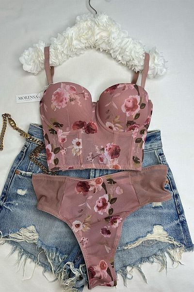 Morensa Pink Floral Patterned Corset Bralet and Bra Set