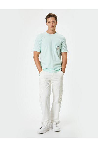 Koton Cotton Short Sleeve T-Shirt - Pocket Detail and Printed Crew Neck