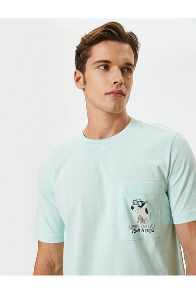 Koton Cotton Short Sleeve T-Shirt - Pocket Detail and Printed Crew Neck