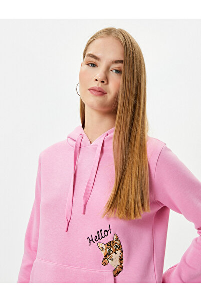 Koton Hanorac cu glugă cu broderie pisică, buzunar cangur din bumbac