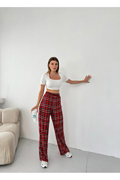 Babelook Női piros fekete kockás puha szövet pizsama alsó